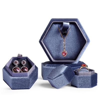 China Custom Wholesale Luxury Velvet Hexagon Vintage Velvet Jewelry Box Colorful Velvet Jewelry Wedding Ring Necklace Box for sale