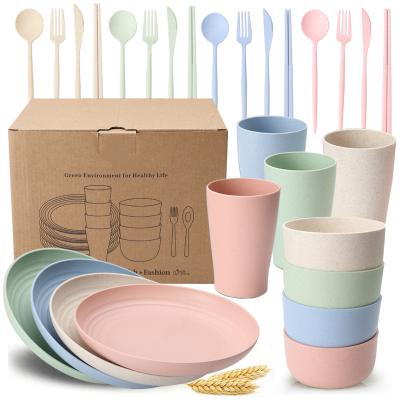 China 7 Pcs Sustainable Wheat Cutlery Set With Spoon Fork Knife Cup Bowl Dish And Chopsticks Set In Paper Box for sale