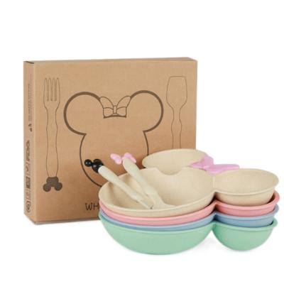 China Cute Biodegradable Wheat Straw Fiber Tableware Feeding Dishes Set 3pcs Kindergarten Children Tableware Set Viable Custom Made Cartoon for sale