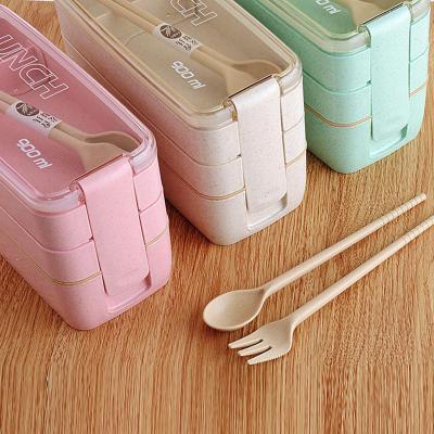 China 100% Wheat Viable Food Grade Material Straw Leak Proof 3 Layer Food Container Lunch Box With Spoon And Fork for sale