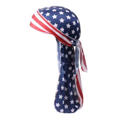 China Multifunctional Designer Durag Hat Vendor America Flag Pattern Printed Silk Durag Fashion Sports For Men And Women for sale