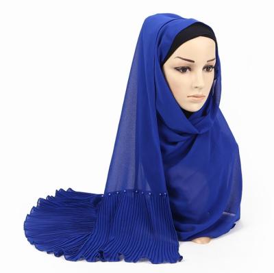 China Solid Color Chiffon Chiffon Scarf Fashion Malaysian Indonesian Pleated Dubai Hijab Scarf Beaded Women Shawl for sale