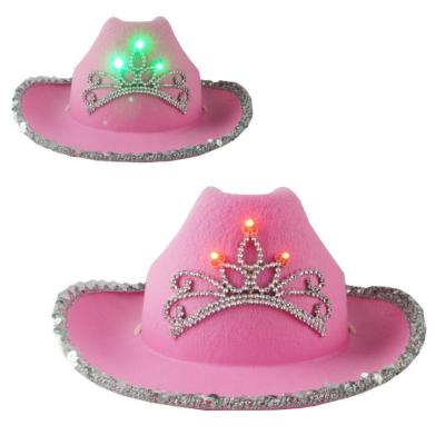 China Princess Party Led Light Cowgirl Hat Felt Edge Sequin Edge Up Country Cowboy Western Hat With Crown Pink Tiara for sale