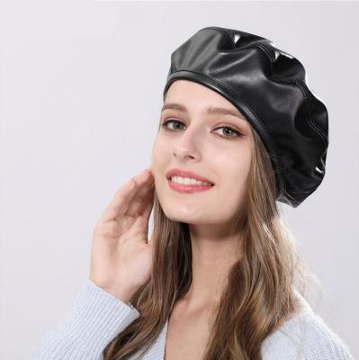 China Black Leather French Color Picture Women's Winter Classic PU Beret Stylish Beret Hat for sale