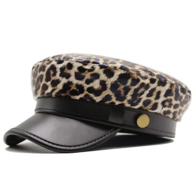 China High Quality Octagonal Leather Hat Leather Octagonal Winter Leopard Print Beret PU Military Beret for sale