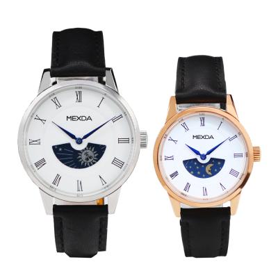 China 2021 moon phase mexda fashion couple watches fashion lovers quartz 5atm water resistant genuine leather moon phase couple wrist watch for sale