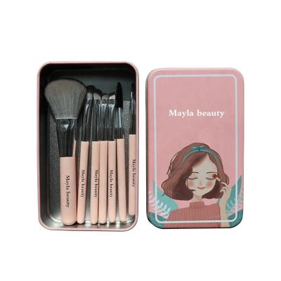 China 7 Pieces Travel Size Cosmetic Makeup Brush Set Set With Metal Tin Box Custom Label for sale