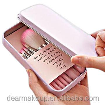 China Cute Kitty Pink Makeup Brush Set Travel Kit 7 Piece With Metal Box Travel Size Makeup Brush Kit for sale