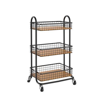 China WIREKING 3 Tier Storage Cart Utility Rolling Storage Shelves Trolley Cart Storage Racks with Wood Board and Lockable Casters for sale