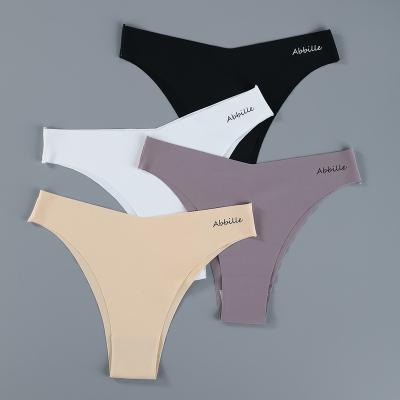 China Antibacterial Custom Letter Logo Ice Silk Traceless Tangas No Show Underwear Women Custom Panties Women's Private Label Bikini Thongs Seamless for sale