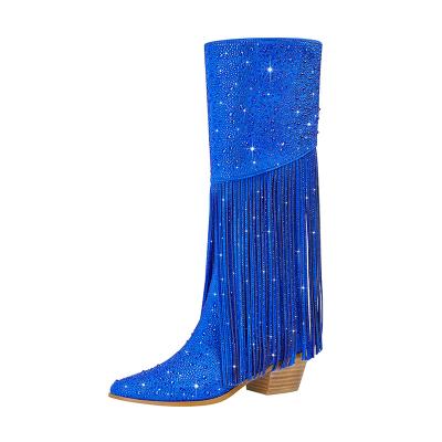 China 2023 New Round Toe Rhinestone Tassel Side Zipper Chunky Heel High Heel Fashion Style Plus Size Commercial Women's Round Toe Cowboy Boots for sale