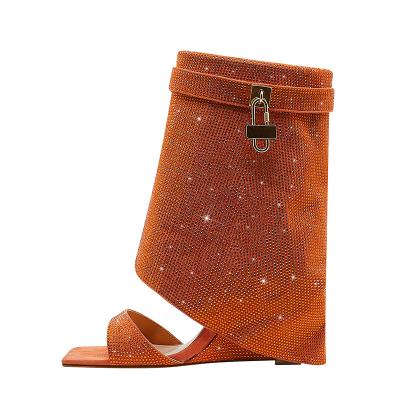 China Women Curvy Summer Shiny Rhinestone Overlay Ankle Boots Peep Toe Slip On Shoe Flat Heeled Short Booties Fashion Crystal Shark Lock Sandals for sale