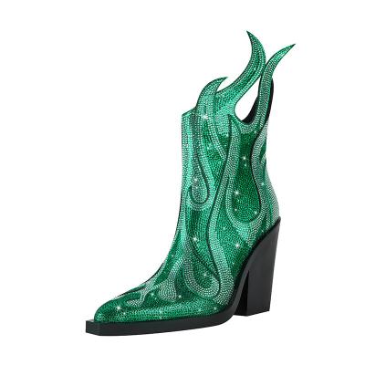 China Fashionable Round Matte Leather Ladies Chunky Heel Blue Green Ankle Boots With Zipper Design for sale