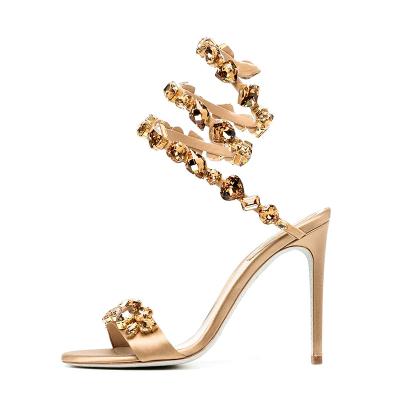 China Round OEM / ODM Women Sexy Party Club Shoes Metal High Heel Ankle Buckle Strap Ladies Upper Pumps Rhinestone Heeled Sandals Custom Made for sale