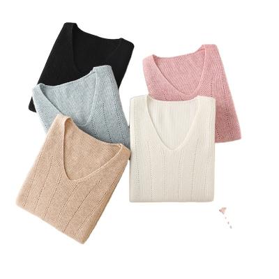 China New Winter Warm V-Neckline Women Solid Color Cashmere Cut Out 100% Thick Breathable Sweater for sale