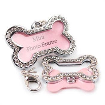 China Custom Hot Selling Bone ID Customized Stainless Steel Diamond Case Metal Dog Cat Collar Pink Tag for sale