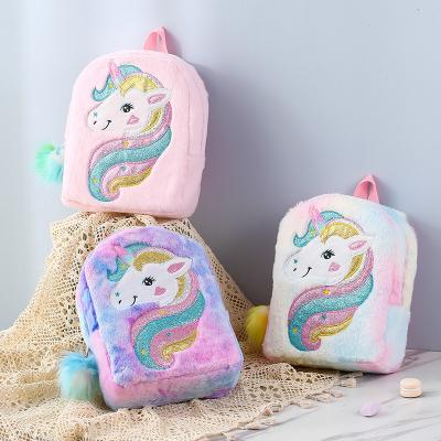 China Large Capacity Cartoon Unicorn Embroidery Plush Book Waterproof Hot Sale Kids Backpack School Trolley Bags Cute School Trolley Bags For Girls for sale