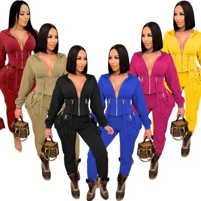 China 2021 Autumn Breathable Casual Fashion Hooded Tracksuit Outfits Sexy Party Long Sleeve Zipper Two-Piece Set Custom Made for sale