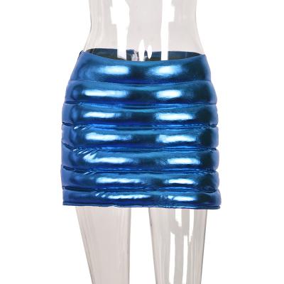 China New Design 2022 Shiny Metallic Silver Short High Bubble Pleated Skirt Breathable Mini Club Dresses Sexy Waistline Stripper Skirt for sale