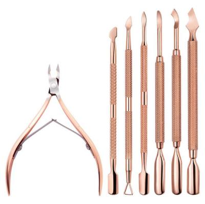 China Stainless Steel Dual Rose Gold Nail Cuticle Pusher Nipper Dead Skin Push Remover by Durable+waterproof+reusable for sale