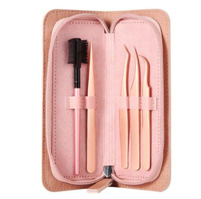 China Durable 5pcs Volume Tweezers For Eyelash Extension Stainless Steel Wick Tweezers Set Rose-Gold for sale