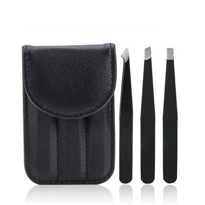 China Eyebrow Tweezers Fast Shipping Inventory 3pcs Black Stainless Steel Eyebrow Eyelash Tweezers Set for sale