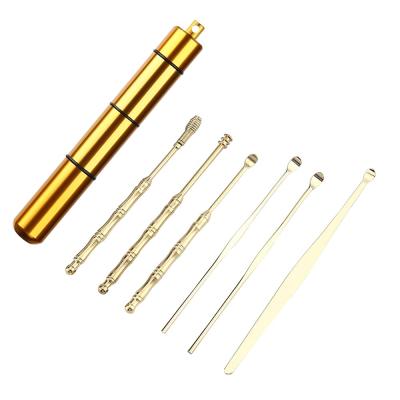 China Comfortable Gold Ear Pick Tools Stainless Steel 6 in 1 Ear Spoon Ear Wax Removal Set for sale