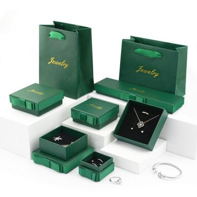 China Dark Green Paper Jewelry Box 5x5x3cm Bowknot Ring Packaging Box for sale