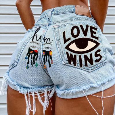 China 2022 QUICK DRY hot sale eye printed high waisted Mini Denim Shorts Breathable Cotton women jeans denim shorts for women in stock for sale