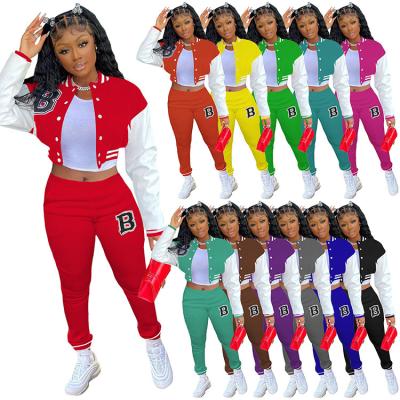 China Women Two Piece Sweatsuit Anti-wrinkle Color Contrast Cropped Set Patchwork Tracksuit Friend Bomber Jacket Pants Letter Set Set Tracksuit for sale