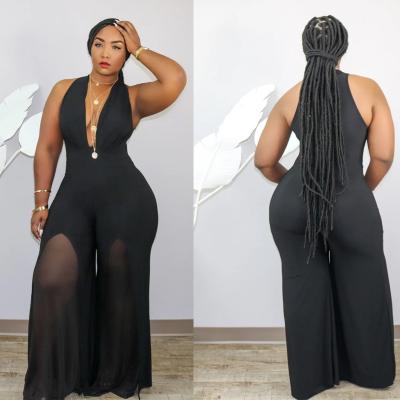 China 2020 summer anti-static sexy V-neck backless plus size jumpsuit for fat women club party women solid patchwork plus size one-piece jumpsuit for sale