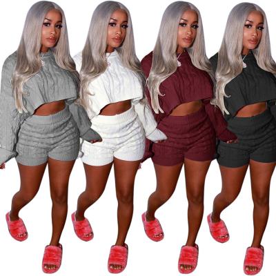 China Winter Loose Women's Anti-wrinkle Autumn Fashion Sweater Shorts Set Women 2021 Solid Color Knitted Ribbed Plus Size Two Piece Sweater Sets Women for sale