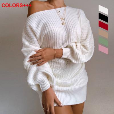 China Anti-Wrinkle Autumn Winter Black White Women Sweater Dress Ladies Sexy Off Shoulder Latern Sheath Solid Color Knit Oversized Sweater Dress for sale