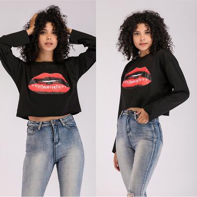 China High Quality Custom Big Red Printing Long Sleeve Crop Hoodie Women 100% Cotton Sweatshirt Crewneck Anti Shrink Lip for sale