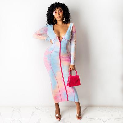 China Autumn Women Anti-Static Long Sleeve Tie Dye Print Zipper Up Party Dresses Bodycon Midi Maxi Dress Streetwear Sexy Club Long Dresses for sale