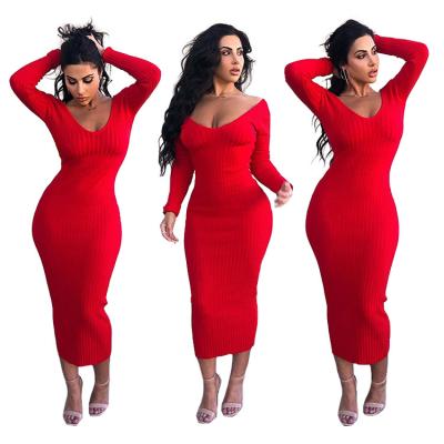 China Autumn New Ribbed Knit Solid Color Anti-Static Strapless V-neck Bodycon Long Dress Red Sleeve Maxi Dress for sale