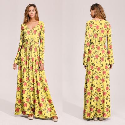 China Dropshipping Anti-Static Long Sleeve Plus Size Autumn Casual Boho Holiday V Neck Floral Print Long Maxi Dresses for sale