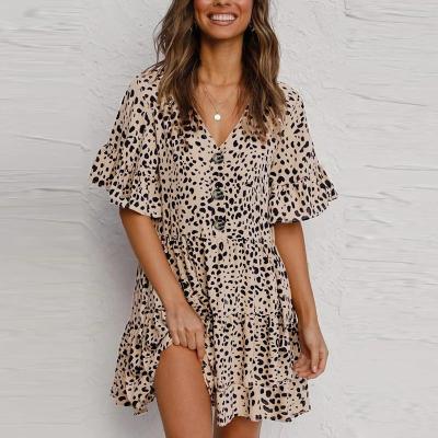 China New Arrivals Anti-Static 2021 Ladies Dresses Summer Ruffles Loose Mid Sleeve Button Up V-Neck Polka Dot Dress Beach Wear for sale