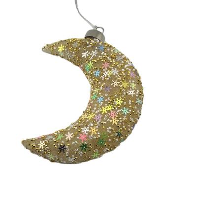 China Christmas Festival Home Decoration 2022 New Arrivals Beautiful Moon Shaped Yellow Bauble Led Light Up Christmas Ornaments Glass Pendant For Christmas Tree Hanging Gift for sale