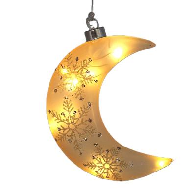 China Christmas Festival Home Decoration Christmas Craft Hand Painted Ornament Led Gold Moon Shaped Glass Bauble Ball With Glitter Snowflakes For Christmas Hanging Decoration for sale