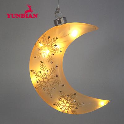 China Christmas Festival Home Decoration Factory Wholesale Price Led Lighting Up Gold Glass Moon Shaped Hanging Ornaments For Christmas Tree Decoration for sale