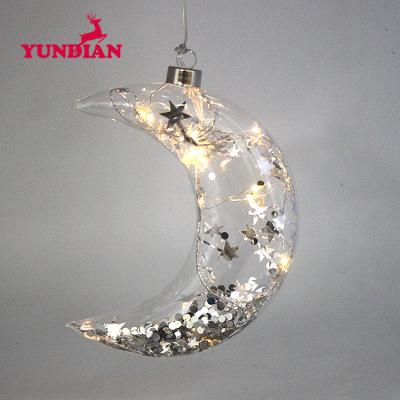 China Christmas Festival Home Decoration Battery Operated Holiday Wedding Party Moon Shaped Glass Hanging Bauble Christmas Tree Ornaments With Led Lights for sale