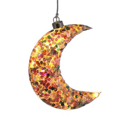 China Newest Christmas Festival Home Decoration Factory Design Moon Shaped Hanging Bauble Battery Operated Lead Glass Ornaments For Christmas Tree Decoration for sale