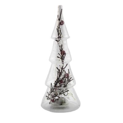 China Wholesale Christmas Festival Home Decoration Factory Size Blown Artificial Pyramid Shaped Decor Clear Led Lighted Glass Christmas Tree With Red Berries for sale