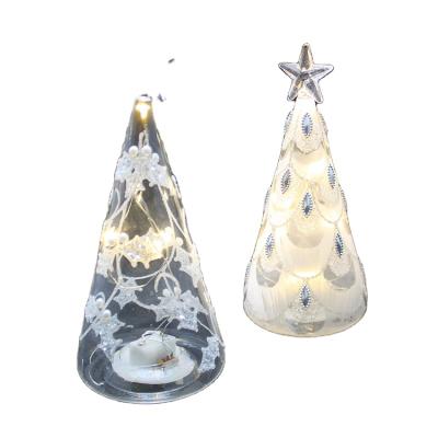 China Decorative Christmas Festival Home Decoration Stand Table Clear Led Light Up Glass Top Christmas Tree Ornaments With Star for sale