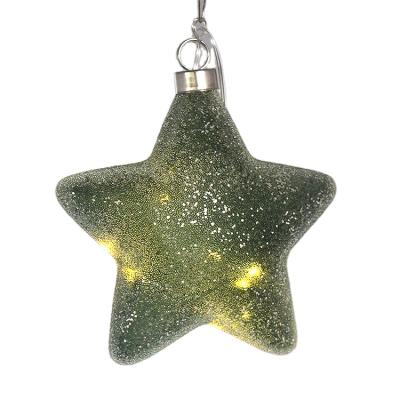 China 2022 New Design Christmas Festival Home Decoration Five-pointed Star Shape Led Light Up Green Bauble Pendant Ornaments With Glitters Christmas Decoration Supplies for sale