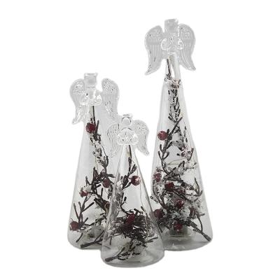 China Wholesale Hand Blown Home Table Decor Clear Led Various Christmas Festival Home Decoration Factory Size Lighted Glass Christmas Angel Ornament With Red Berries for sale