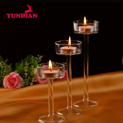 China Wholesale Decorative Pure Clear Transparent Tall Glass Wedding Home Decor Stem Tea Light Candle Holder Long Set of 3 for Home Table Party Wedding for sale