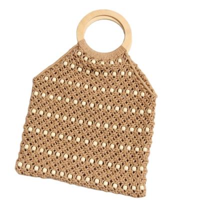 China High Quality Women Hollow Out Round Rattan Handle Bead Cotton String Wooden Hook Handbags for sale