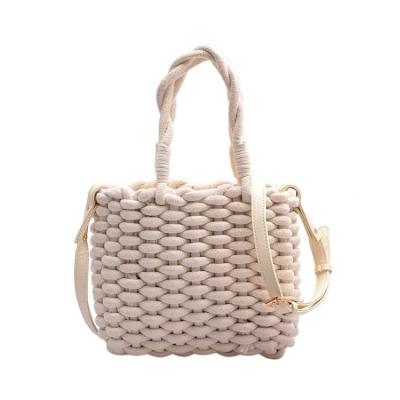 China 2021 High Quality Handmade New Style Cotton Beach Handbag Straw Basket Large Capacity Tote Rope Woven Shoulder Bag For Women for sale